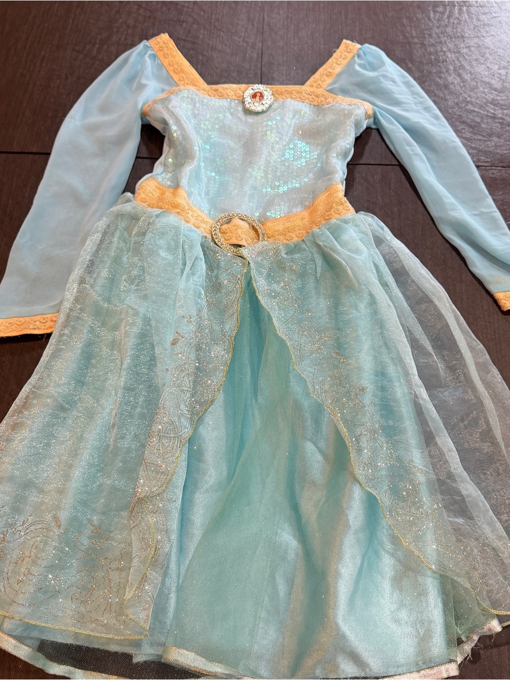 Disney Store Merida Light Blue Princess Costume Dress with Gold Trim Sz 7-8